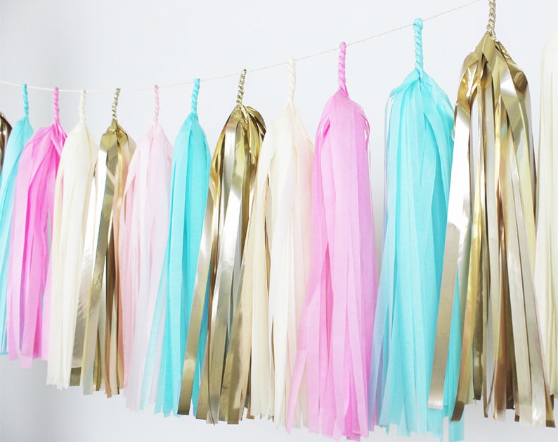 Gold Paper Room Baby Shower Tassle Decor Balloon Tail Blush Blue Light Pink Cotton Candy Gender Reveal Tassel Garland DIY Kit Banner