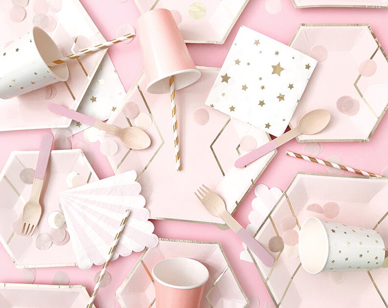 Blush Pink & Gold Paper Plates Dinner Hexagon Foil Etsy
