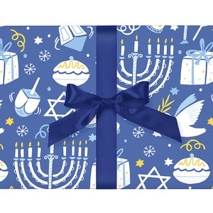 Papier cadeau Hanoucca bleu et blanc / Papier cadeau de Hanoucca Papier cadeau moderne pour enfants / Étoile de David Dreidel Menorah