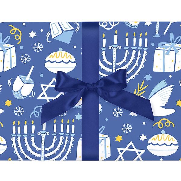 Hanukkah Wrapping Paper Blue & White / Chanukah Gift Wrap Modern Wrapping Paper Gift Wrap for Kids / Dreidel Menorah Star of David