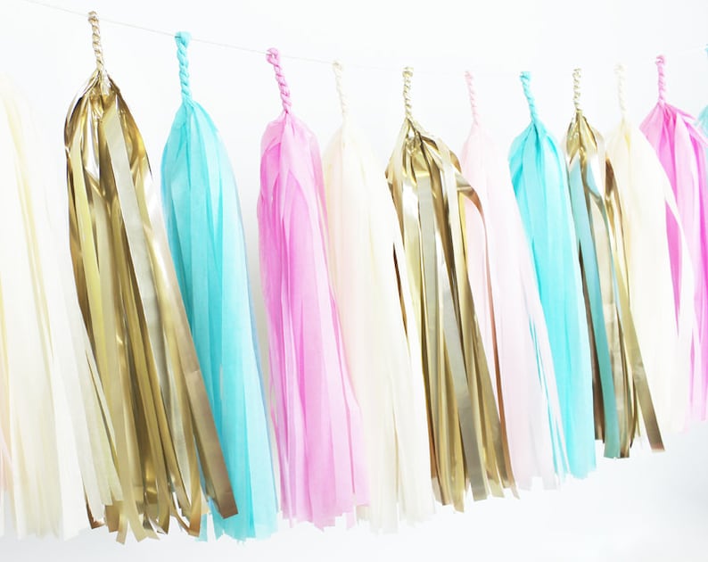 Gold Paper Room Baby Shower Tassle Decor Balloon Tail Blush Blue Light Pink Cotton Candy Gender Reveal Tassel Garland DIY Kit Banner