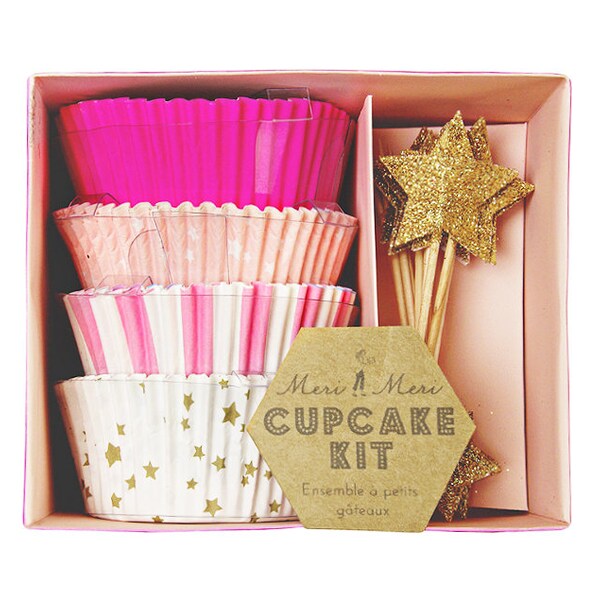 Toot Sweet Pink Cupcake Kit by Meri Meri - Princess Party Girl Girly Gold Star Stripe Hot Pink Stripes Liners Cowgirl Theme Liner
