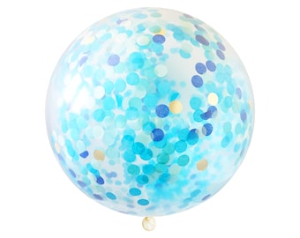 Confetti Balloon - Blue Party - 36 inch - Large & Small - Gold Mint Aqua Turquoise Teal 1" Circle Filled - Tissue Paper