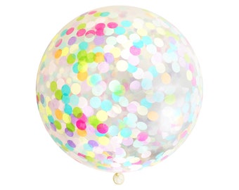 Confetti Balloon - Rainbow - 36 inch - Large & Small - Neon Pink Orange Green Blue 1" Circle Filled - Tissue Paper