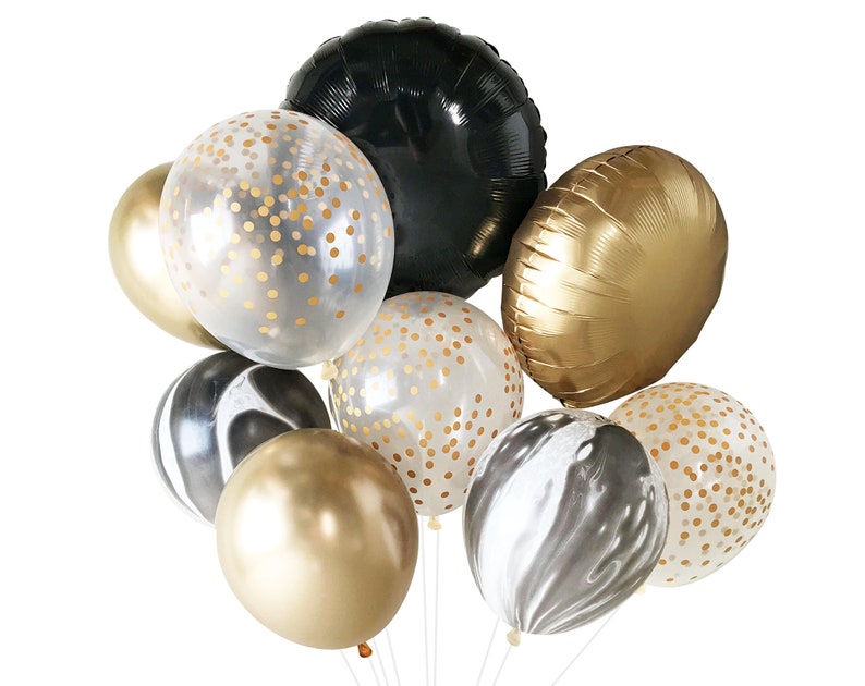 New Years Eve Decorations - Black White & Gold Balloons ( Balloon Bouquet Bundle with Confetti Balloons ) NYE Decor Ideas 40th 30th Birthday 
