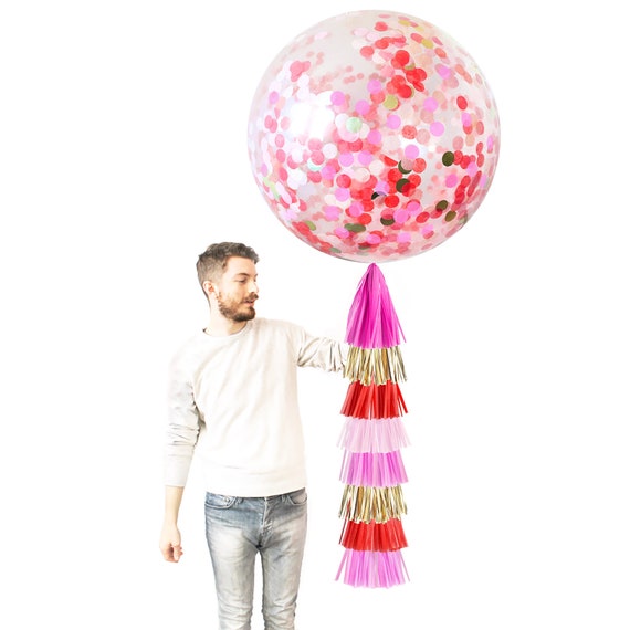 Red & Pink Confetti Balloon Tassel / Jumbo Balloon With Tassel