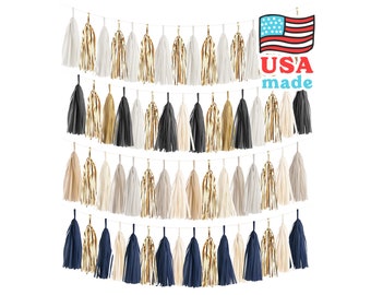 New Years Eve Decorations - NYE Garland - Tassel Garland Kit - Tissue Paper Tassels - Black White & Gold - Made in USA