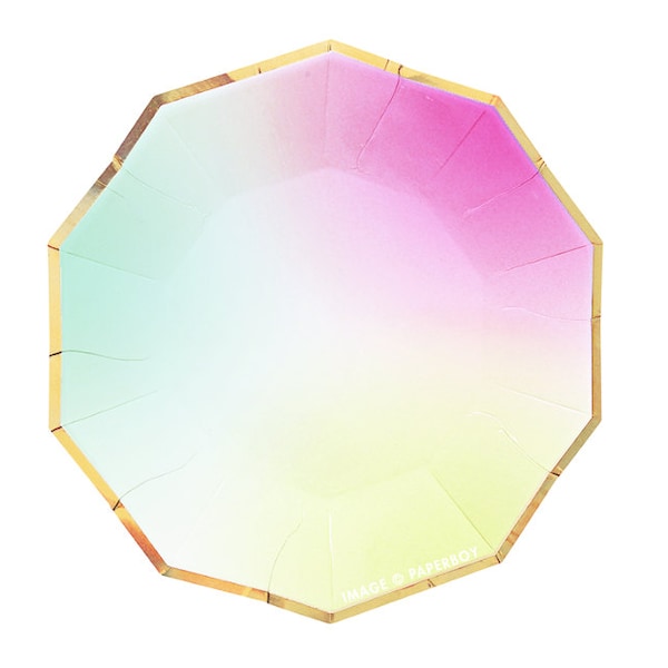 Toot Sweet Ombre Small Paper Plates by Meri Meri Modern Chic Pastel Rainbow Plates Hexagon / Light Pink Mint Green Yellow Gold Foil