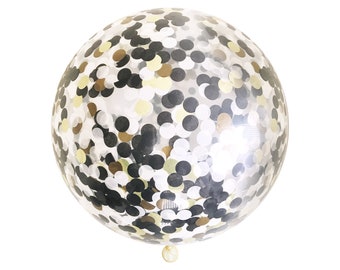 Black White & Gold Confetti Balloon - Black Tie - 36 inch - B4 Ivory Metallic Handmade 1&quot; Circle Tissue Paper Filled