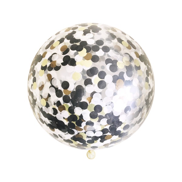 Black White & Gold Confetti Balloon - Black Tie - 36 inch - B4 Ivory Metallic Handmade 1" Circle Tissue Paper Filled