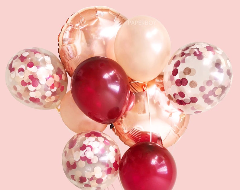 Fall Autumn Wedding Decor Burgundy Rose Gold and Blush Pink Balloons Balloon Bouquet Bundle