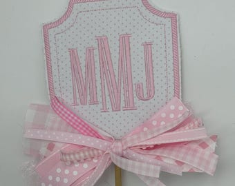 Monogrammed Birthday Cake Topper, Gingham Swiss Dot Fabric, Ribbon Accent topper with ribbons Personalized cake topper