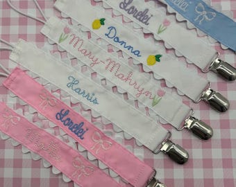 Monogrammed Pacifier Clip | bow Personalized Scallop embroidered paci holder| Baby bib clip with ricrac trim | baby gift personalized