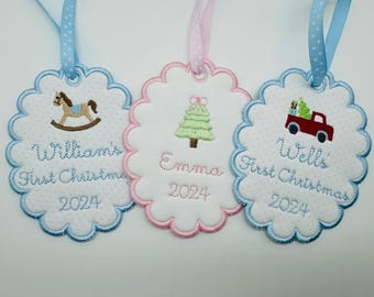 Custom Embroidered Christmas Ornament, 2024 Ornament, Scallop Ornament, Baby's First Christmas Ornament, baby announcement, baby shower gift