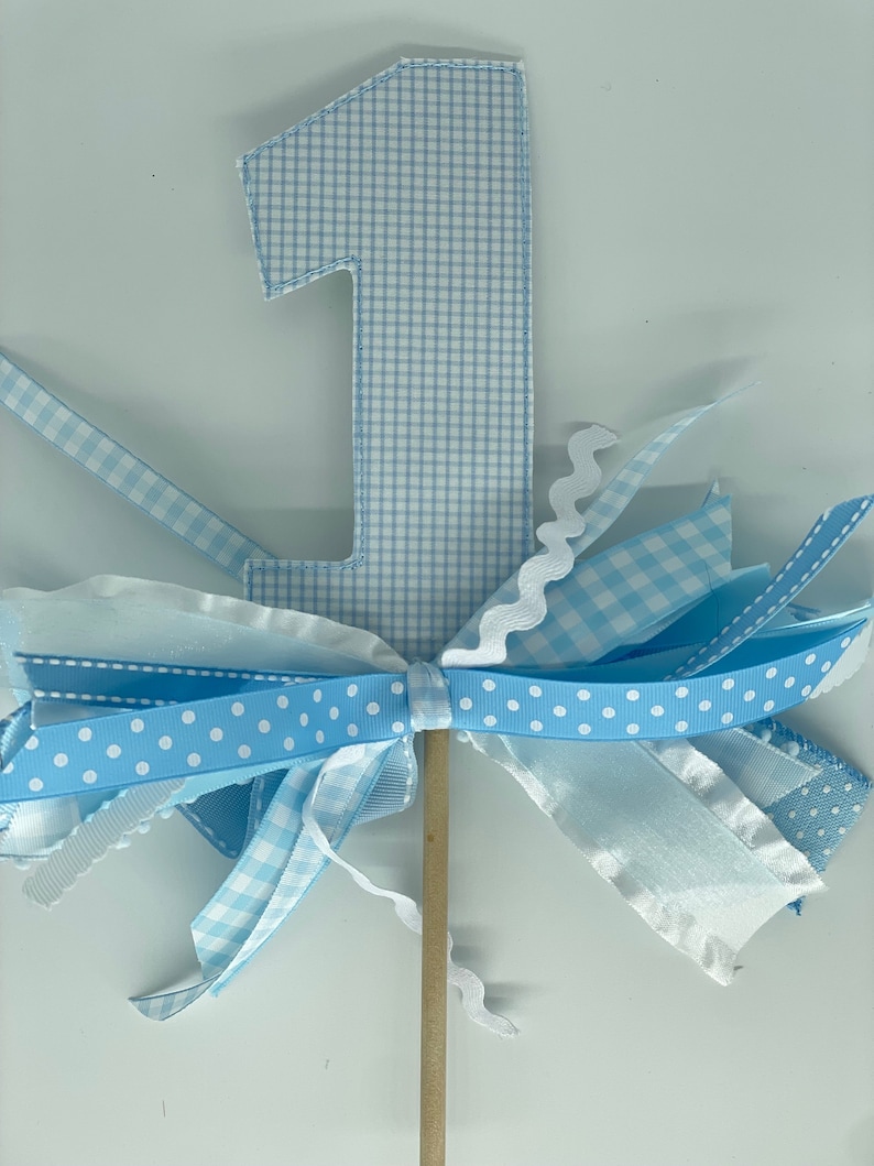 May include: A light blue number one cake topper. The number is made of a gingham pattern fabric. The topper has a bow made of various blue ribbons, including polka dot and gingham patterns. A wooden stick supports the topper.