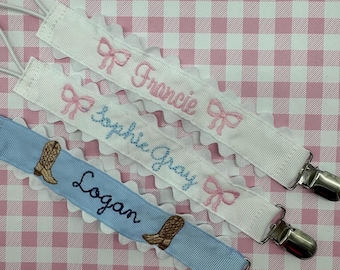 Monogrammed Pacifier Clip | bow Personalized Scallop embroidered paci holder| Baby bib clip with ricrac trim | baby gift personalized