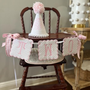 One birthday hat, 1 Monogram embroidery birthday hat, first birthday hat with name and pink Swiss dot banner, Scallop Highchair Banner