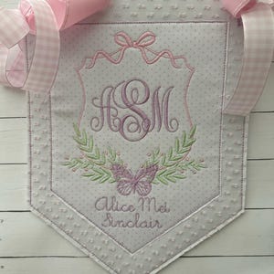 Custom baby banner, Welcome baby pennant, Monogram hospital door sign, Embroidered sign with ribbon and bows, Bassinet banner with stork