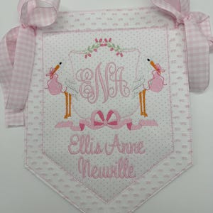 Custom baby banner, Welcome banner, Monogram hospital door sign, Baby shower pennant with ribbon and bows, Bassinet banner with stork, bear