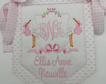 Custom baby banner, Welcome banner, Monogram hospital door sign, Baby shower pennant with ribbon and bows, Bassinet banner with stork, bear