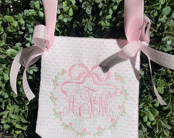 Pink Swiss Vintage Bow Highchair Pendant, Custom baby banner, Welcome baby pennant, Monogram hospital door sign, Embroidered ribbon bows