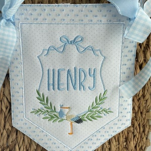 Custom baby banner, Welcome baby pennant, Monogram hospital door sign, Embroidered sign with ribbon and bows, Bassinet banner with stork bow