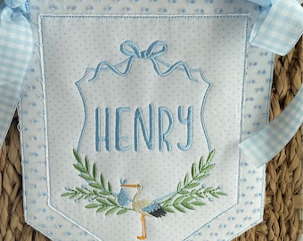 Custom baby banner, Welcome baby pennant, Monogram hospital door sign, Embroidered sign with ribbon and bows, Bassinet banner with stork bow