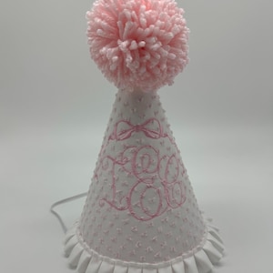ONE birthday hat and pom pom, Bow and monogram embroidery birthday hat, first birthday hat with name
