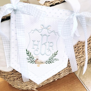 Custom baby banner, Welcome baby pennant, Monogram hospital door sign, Embroidered sign with ribbon and bows, Bassinet banner with stork