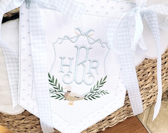 Custom baby banner, Welcome baby pennant, Monogram hospital door sign, Embroidered sign with ribbon and bows, Bassinet banner with stork
