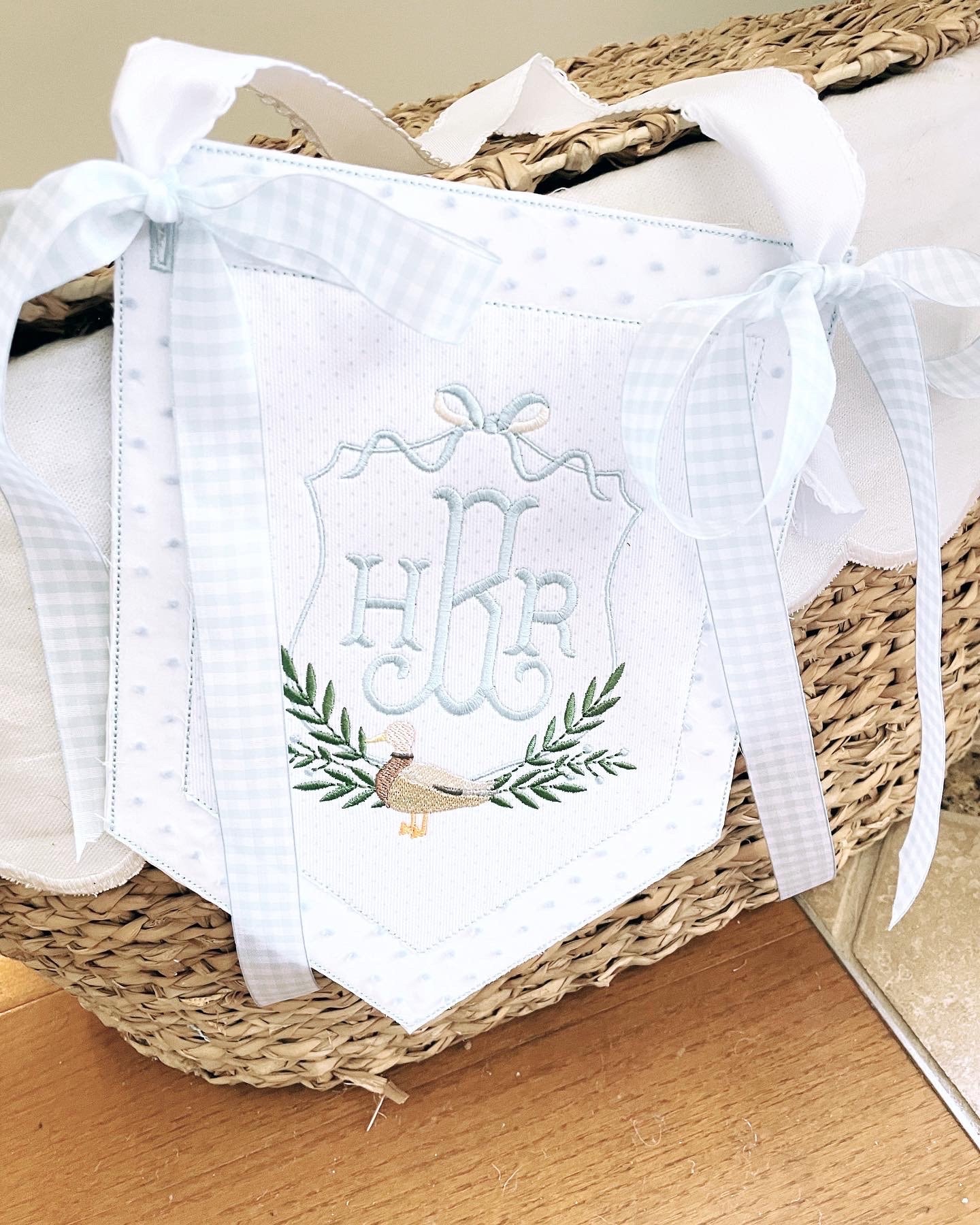 Custom baby banner, Welcome baby pennant, Monogram hospital door sign, Embroidered sign with ribbon and bows, Bassinet banner with stork