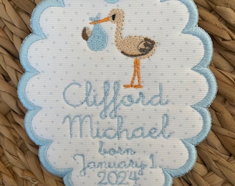 Baby announcement ornament, Custom Embroidered Christmas Ornament, 2024 Ornament, Scallop Ornament, Baby's First Christmas Ornament, stork