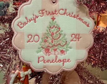 Custom Embroidered Christmas Ornament, 2025 Ornament, Scallop Stork Baby's First Christmas Ornament, Personalized pregnancy announcement