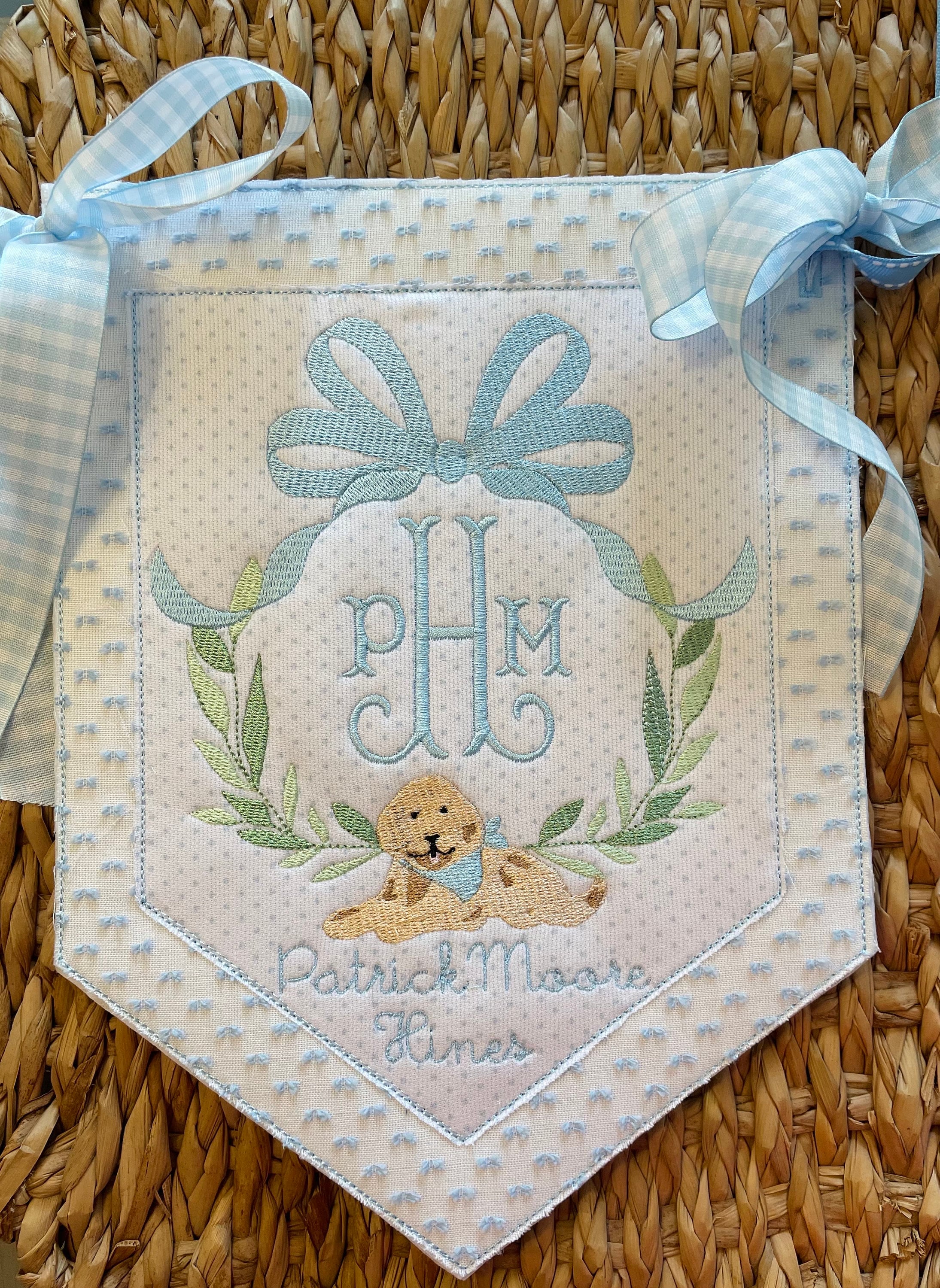 Puppy Pawty Banner, Puppy Party Highchair banner with ribbon and bows, Dog Birthday mantel decoration with ribbons, Blue or Pink Swiss dot