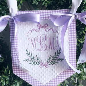 Custom baby banner, Welcome baby pennant, Monogram hospital door sign, Embroidered sign with ribbon and bows, Bassinet banner with stork