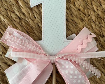 Gingham number cake topper | White Swiss Dot Number cake topper with ribbons Personalized cake topper | One cake topper | girl cake topper