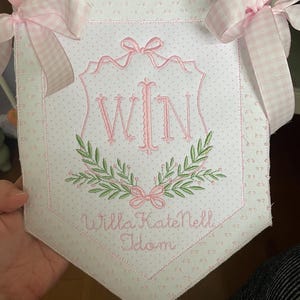 Custom baby banner, Welcome baby pennant, Monogram hospital door sign, Embroidered sign with ribbon and bows, Bassinet banner with stork