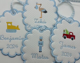 Custom Embroidered Baby's First Christmas Ornament, Scallop Keepsake Monogram Name heirloom gift, custom year