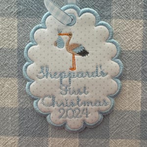 Custom Embroidered Christmas Ornament, 2024 Ornament, Scallop Stork Baby&#39;s First Christmas Ornament, Personalized pregnancy announcement