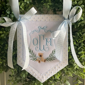 Custom baby banner, Welcome baby pennant, Monogram hospital door sign, Embroidered sign with ribbon and bows, Bassinet banner with stork