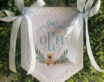 Custom baby banner, Welcome baby pennant, Monogram hospital door sign, Embroidered sign with ribbon and bows, Bassinet banner with stork