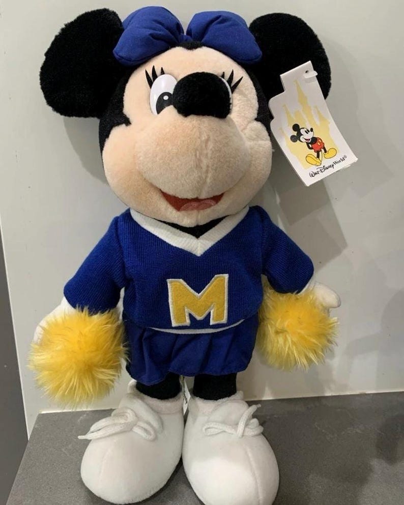 Pu&ograve; includere: Una bambola di peluche di Minnie Mouse con un maglione blu con una "M" gialla, una gonna abbinata e scarpe bianche. La bambola ha orecchie nere, un fiocco blu e pompon gialli sui polsi. &Egrave; attaccato un'etichetta con il logo Walt Disney World.