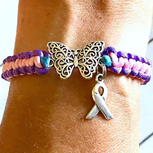 Thyroid Awareness Butterfly Warrior Bracelet Thyroid Cancer Hashimotos Graves Lupus Hypothyroid Hyper You Select Charm(s) and Cord Color(s)