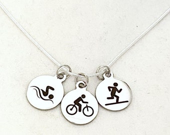 Triathlon Athletic Swim Bike Run Laser Engraved Necklace YOU Choose Necklace Length