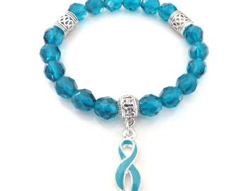 Teal Awareness Ribbon Infinity Glass Beaded Stretch Bracelet Ovarian Cancer Tourettes Syndrome Hydrocephalus Ocd Anxiety Ptsd Hernia