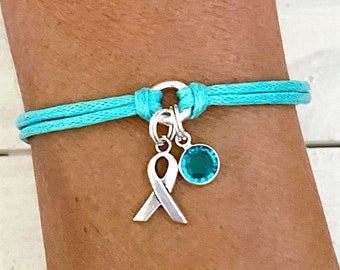 Teal Awareness Bracelet with Teal Crystal Charm You Select Bracelet Length