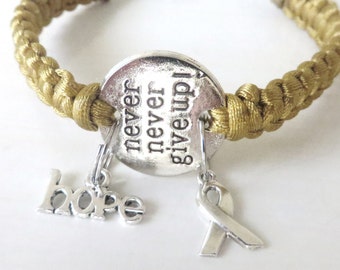 NEVER Give Up Childhood Cancer Awareness Macrame Charm Bracelet With Sterling Silver Awareness Ribbon Charm