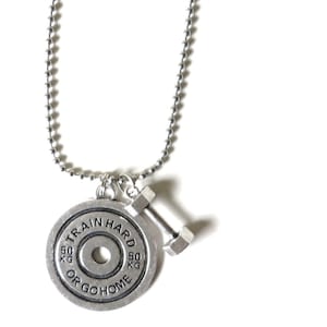 Train Hard or Go Home Unisex Mens Womens Dumbbell Weightlifting Ball Chain Charm Necklace YOU Choose Necklace Length and Ball Chain Size