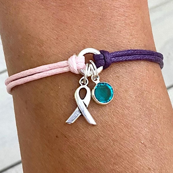 Bracelet de sensibilisation aux maladies du cancer de la thyroïde avec breloque en cristal, couleur du cordon au choix, couleur du cristal et longueur du bracelet