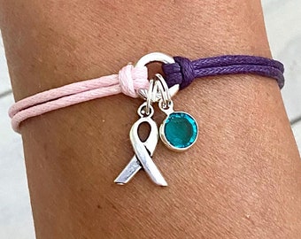 Thyroid Cancer Disease Awareness Bracelet with Crystal Charm You Select Cord Color(s), Crystal Color, and Bracelet Length